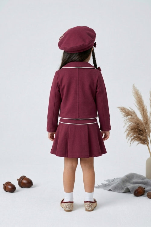 Burgundy Sailor Collar Jacket & Pleated Skirt Set TSSET40553