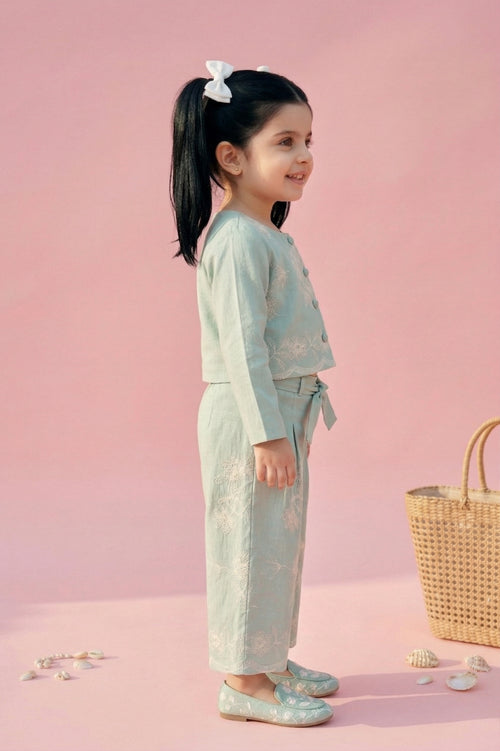 Sage Green Embroidered Jacket & Wide-Leg Pants Set TSSET40556