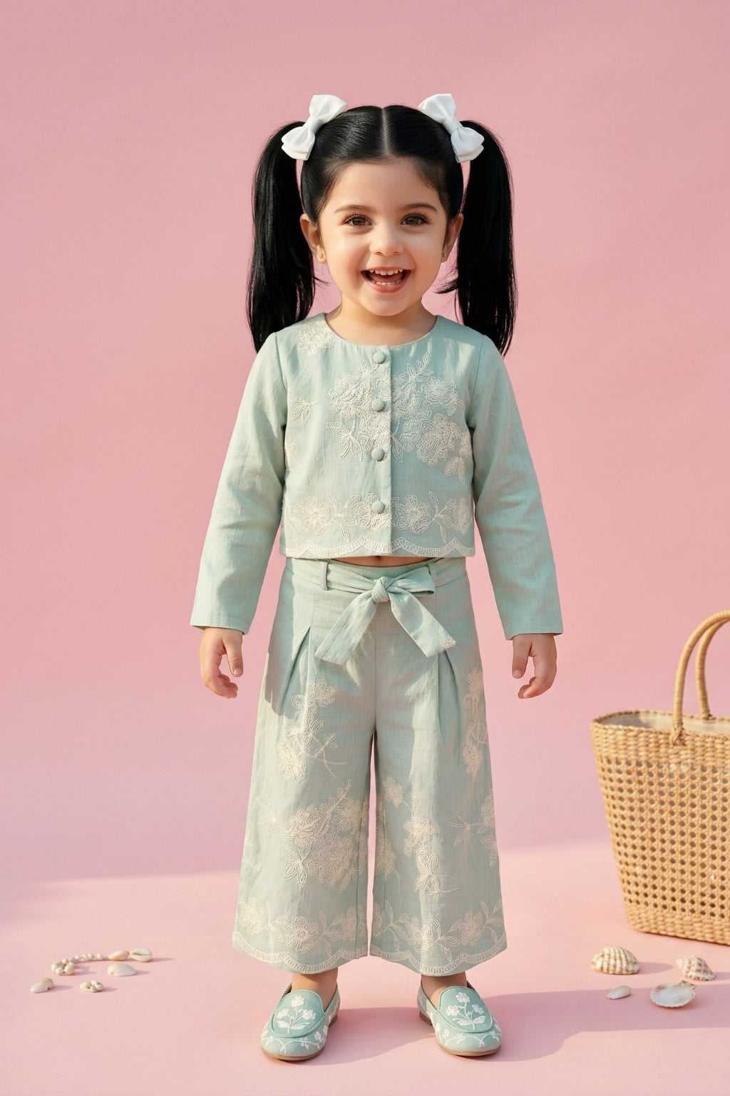Sage Green Embroidered Jacket & Wide-Leg Pants Set TSSET40556