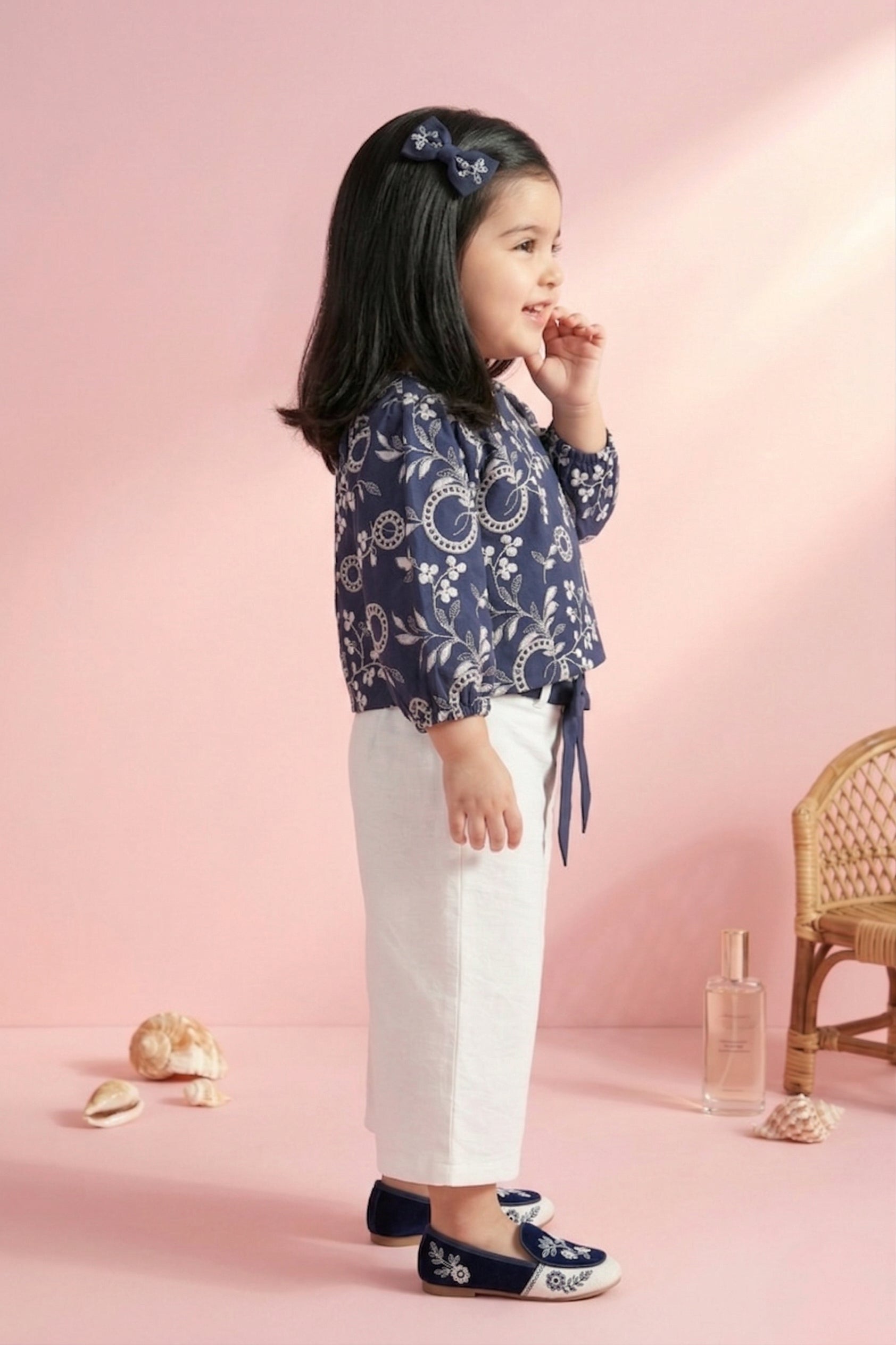 Navy Floral Top & Ivory Wide-Leg Pants Set TSSET40562