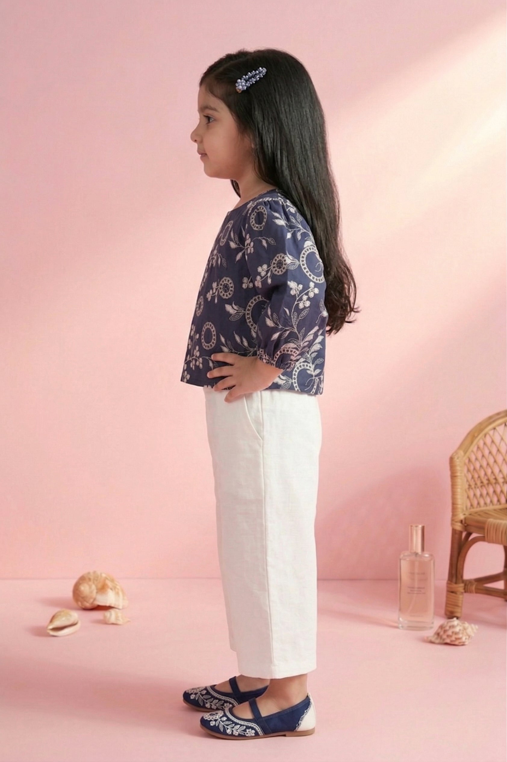 Navy Floral Top & Ivory Wide-Leg Pants Set TSSET40562