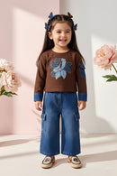 Brown Floral Top & Denim Cargo Pants Set TSSET40566