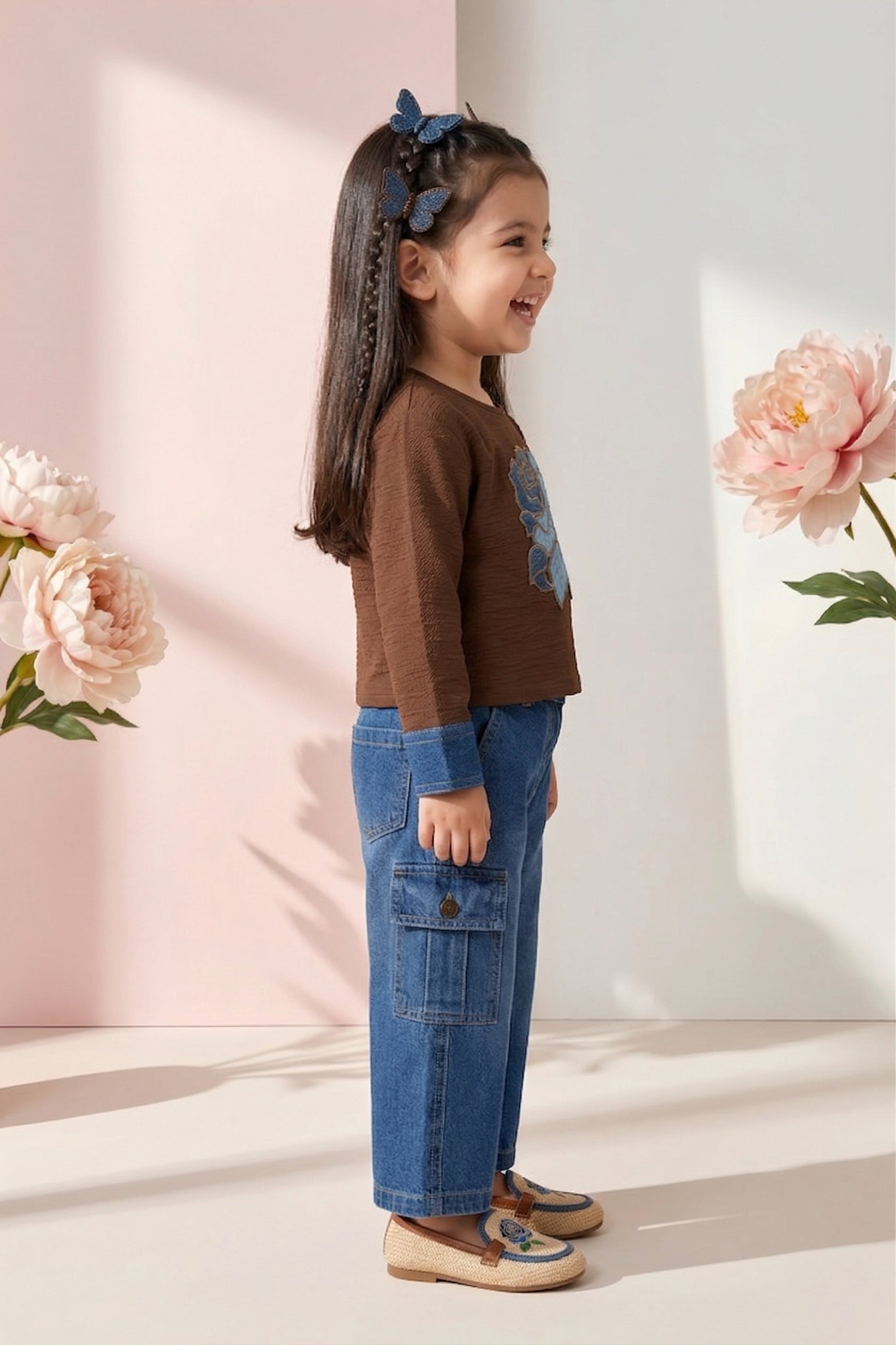 Brown Floral Top & Denim Cargo Pants Set TSSET40566