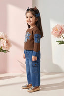 Brown Floral Top & Denim Cargo Pants Set TSSET40566