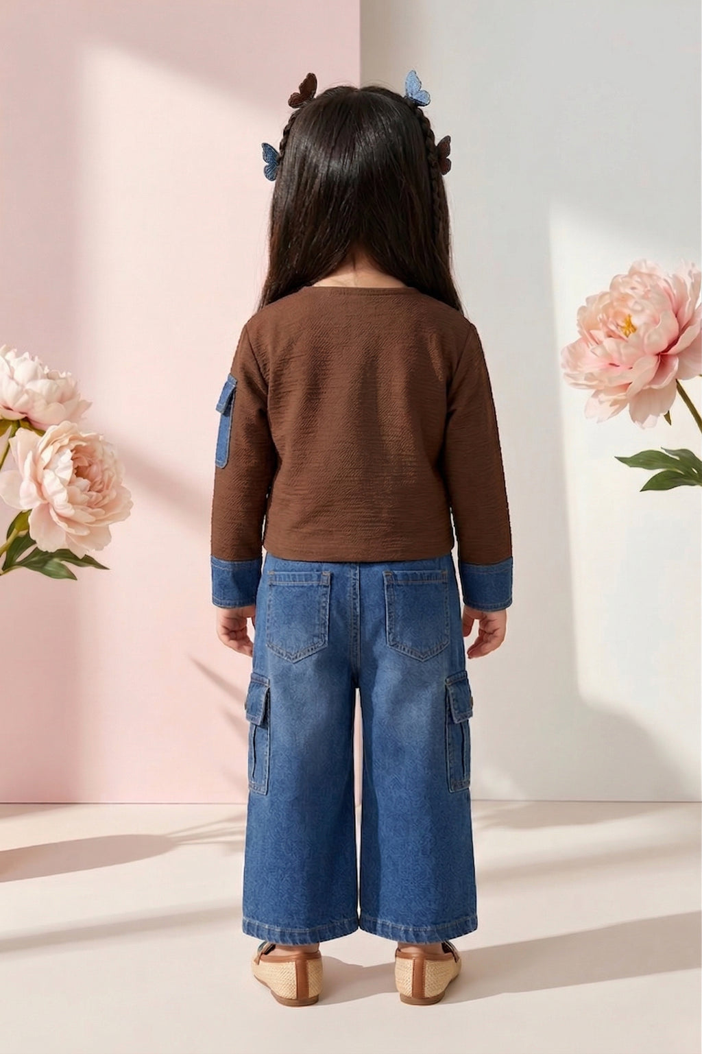 Brown Floral Top & Denim Cargo Pants Set TSSET40566