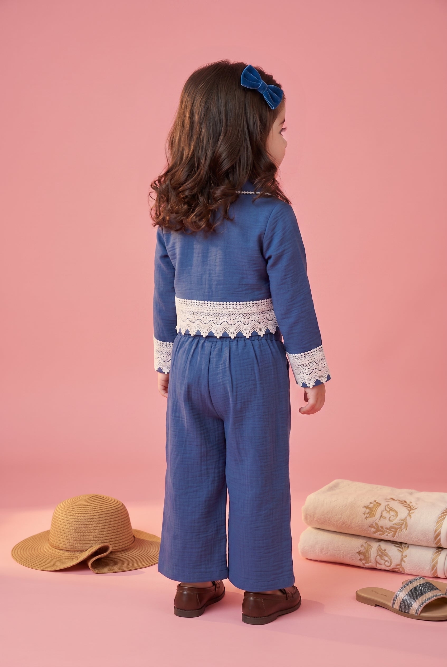Sky Blue Lace Detail Jacket & Wide-Leg Pants Set TSSET40567