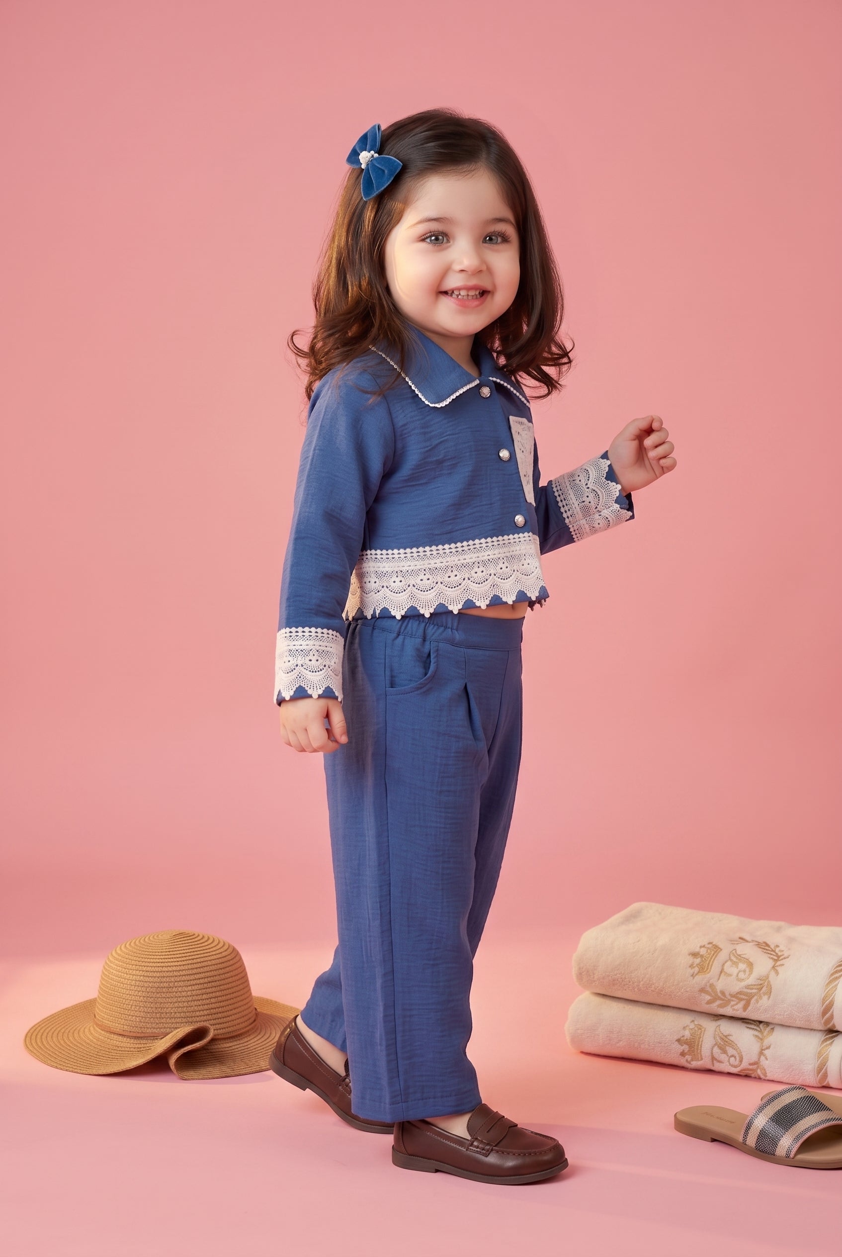 Sky Blue Lace Detail Jacket & Wide-Leg Pants Set TSSET40567