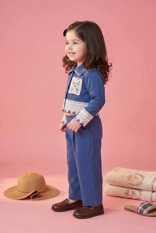Sky Blue Lace Detail Jacket & Wide-Leg Pants Set TSSET40567