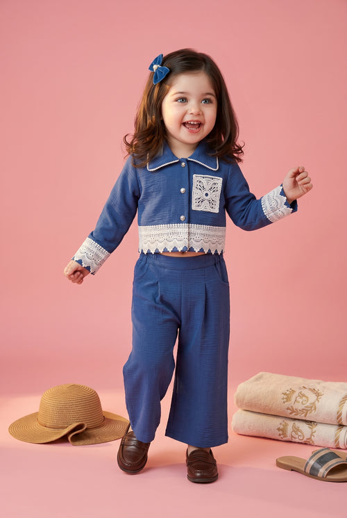Sky Blue Lace Detail Jacket & Wide-Leg Pants Set TSSET40567