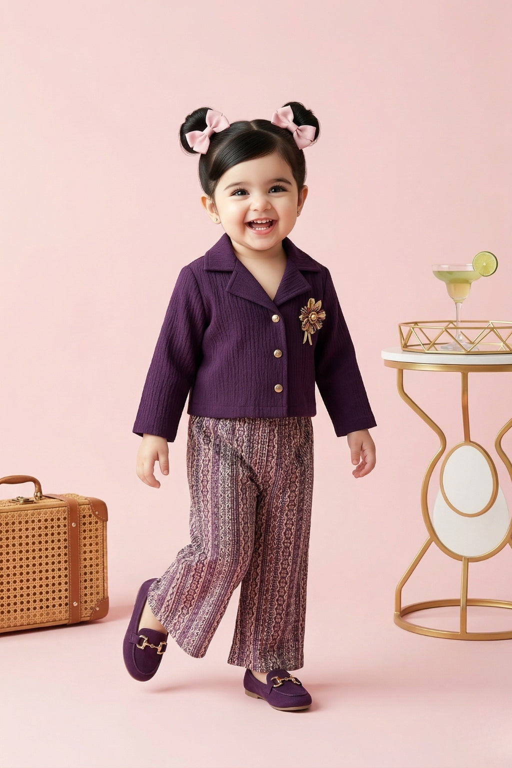 Plum Jacket & Printed Wide-Leg Pants Set TSSET40577