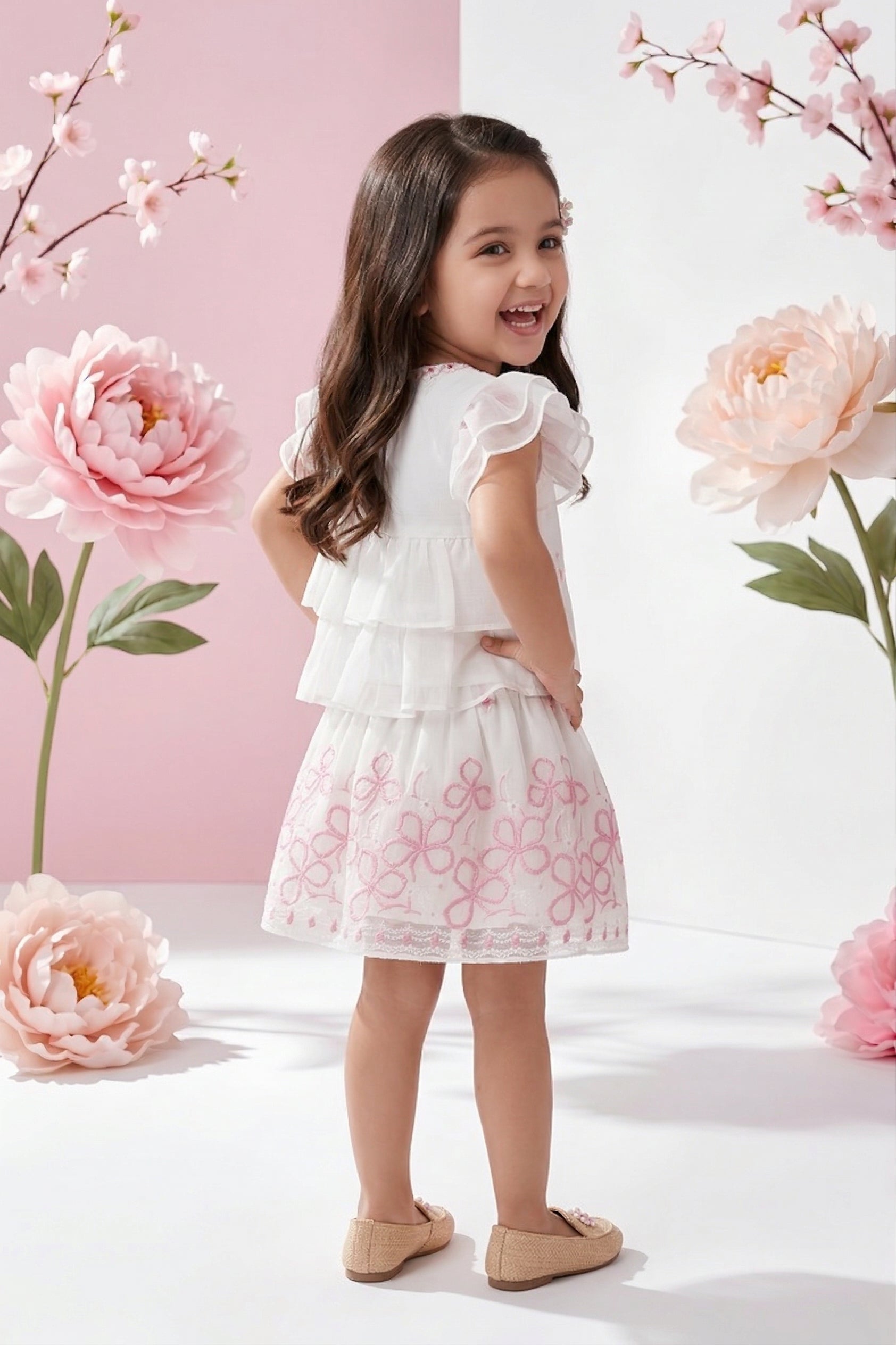 Cream Floral Embroidered Party Dress TSSET40598