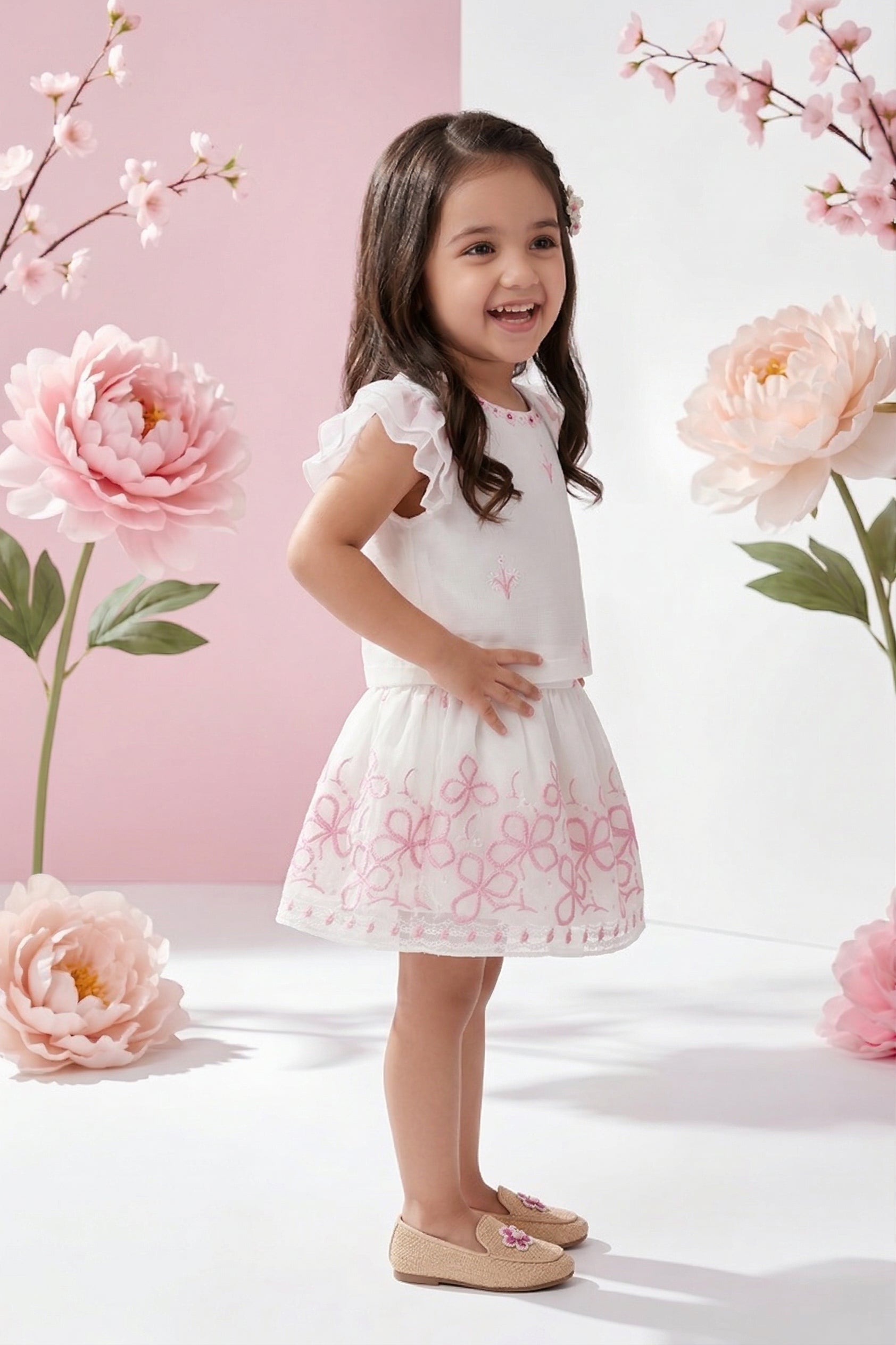 Cream Floral Embroidered Party Dress TSSET40598