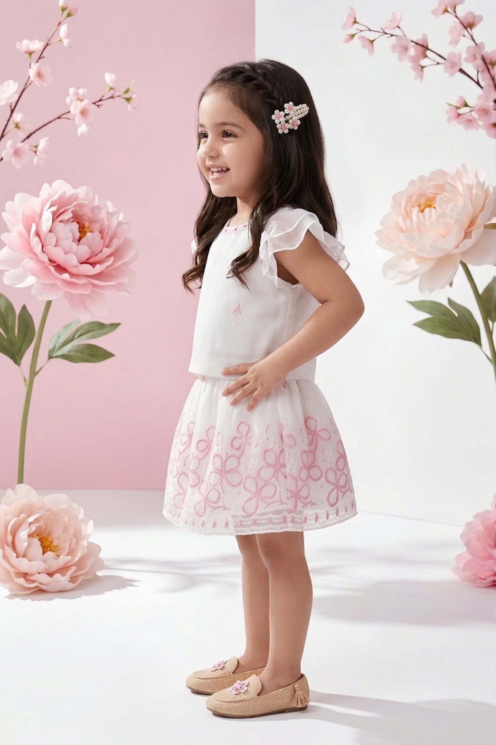 Cream Floral Embroidered Party Dress TSSET40598