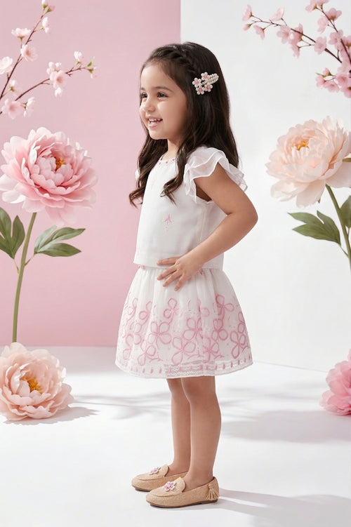 Cream Floral Embroidered Party Dress TSSET40598