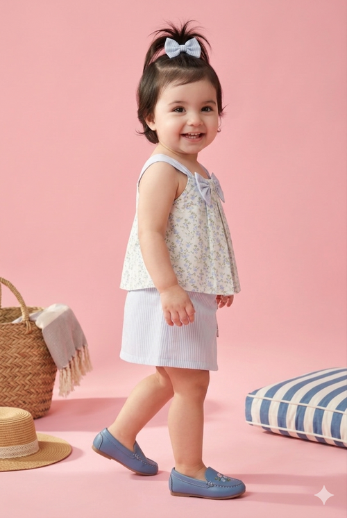 Blue Floral Bow Top & Striped Skirt Set TSSET40237