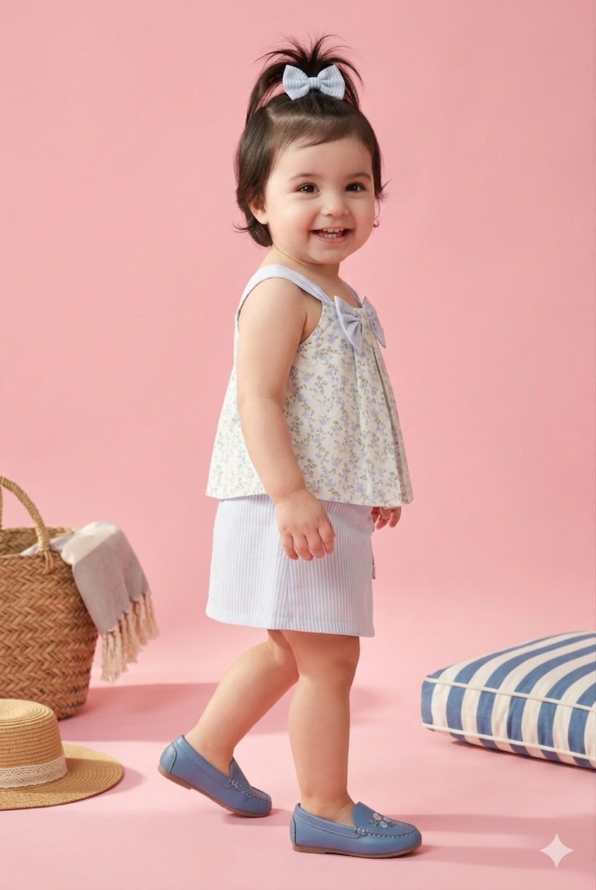 Blue Floral Bow Top & Striped Skirt Set TSSET40237