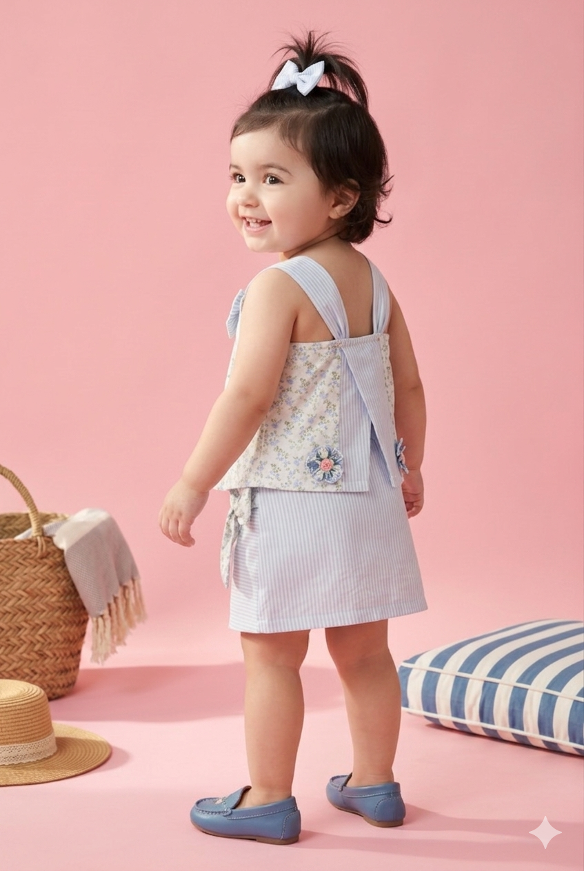 Blue Floral Bow Top & Striped Skirt Set TSSET40237