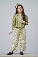 Pista Green Textured Collared Top & Printed Wide-Leg Pants Co-ord Set 3436