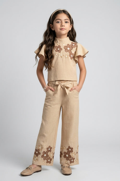 Fawn Floral Embroidered Flutter Sleeve Co-ord Set 3437