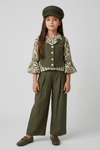 Olive Green Zebra Print Layered 3-Piece Co-ord Set 3448
