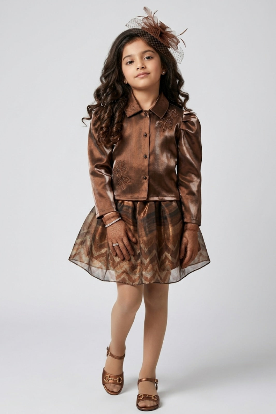 Brown Metallic Butterfly Embellished Jacket & Printed Skirt Co-ord Set 3456