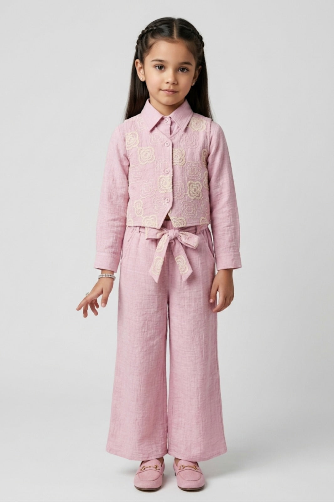 Lavender Floral Embroidered Shirt, Vest & Wide-Leg Pant Co-ord Set 3463