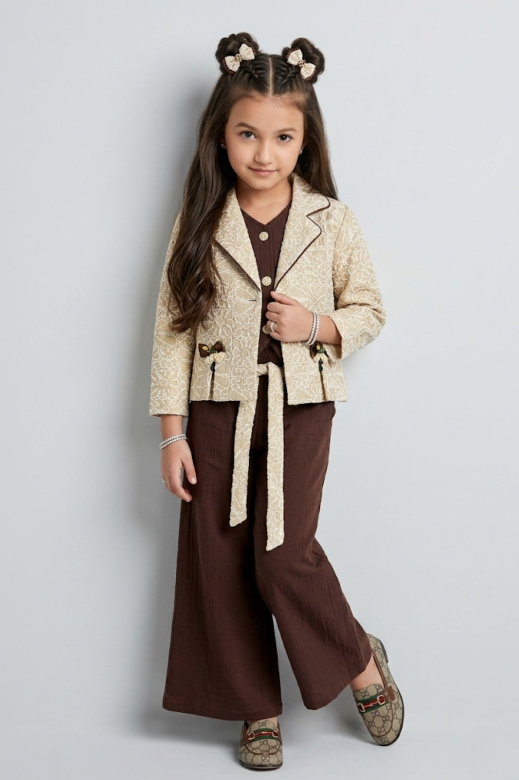 Beige Floral Blazer, Brown Top & Wide-Leg Pant 3-Piece Co-ord Set SET3471