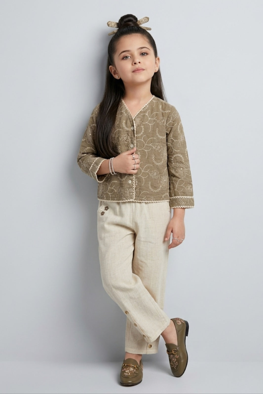 Taupe Embroidered Jacket & Cream Pant Co-ord Set 3475