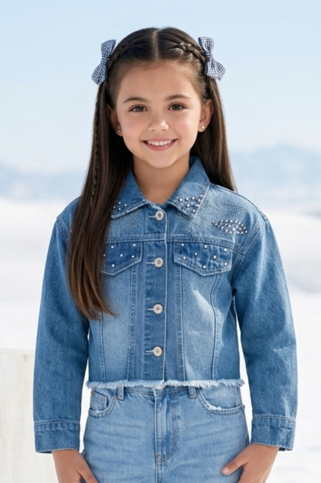 Light Blue Embellished Cropped Denim Jacket J521