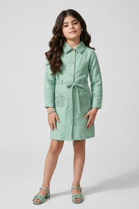 Sea Green Embroidered Belted Shirt Dress M2705