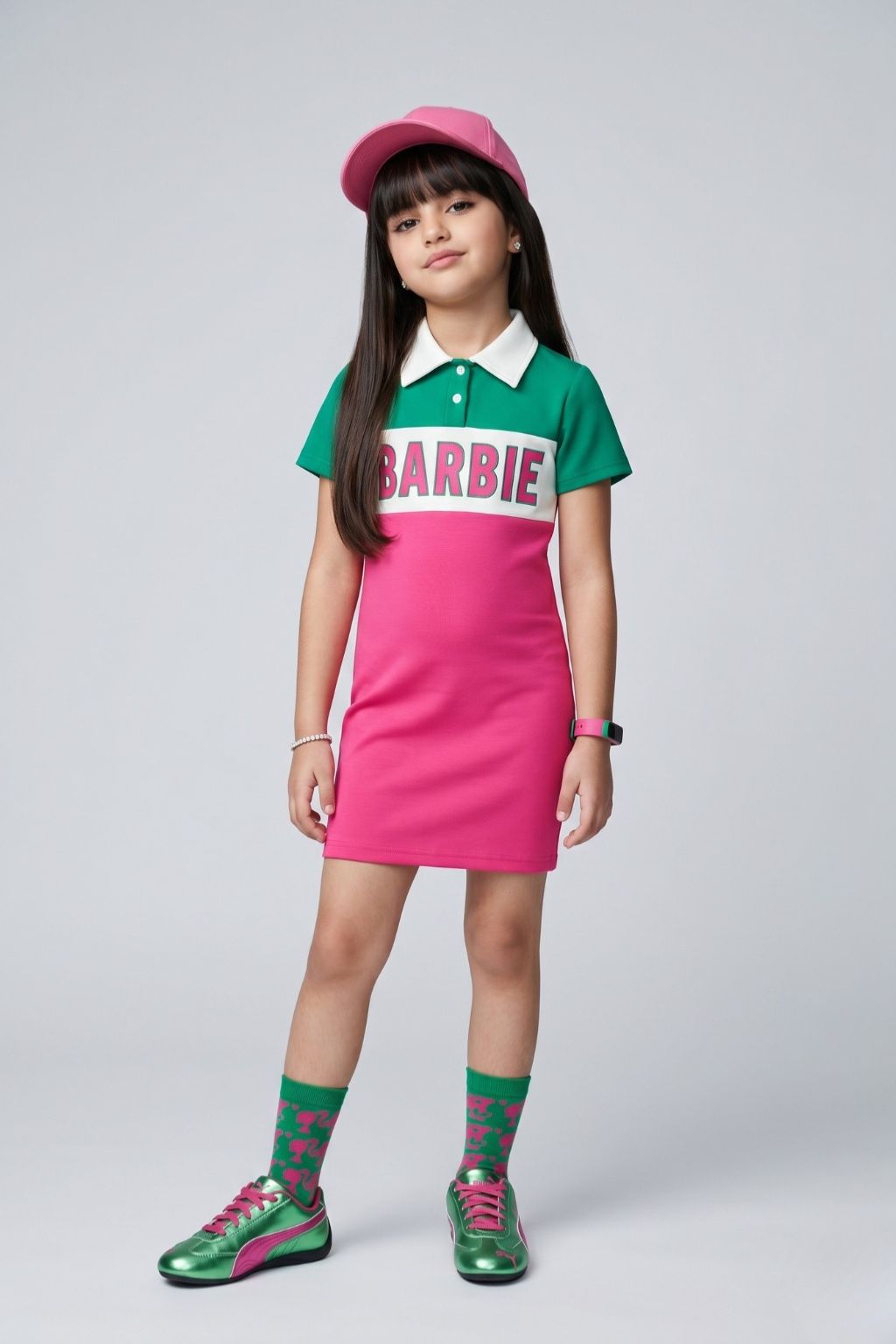 Barbie Pink & Green Polo Collar Bodycon Mini Dress BAM1266