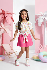 Barbie White Printed Tie-Up Top with Pink Skirt BASET320
