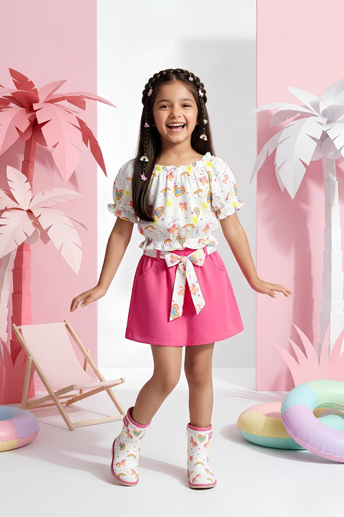 Barbie White Printed Tie-Up Top with Pink Skirt BASET320