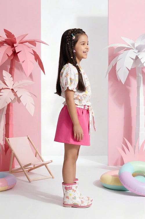 Barbie White Printed Tie-Up Top with Pink Skirt BASET320