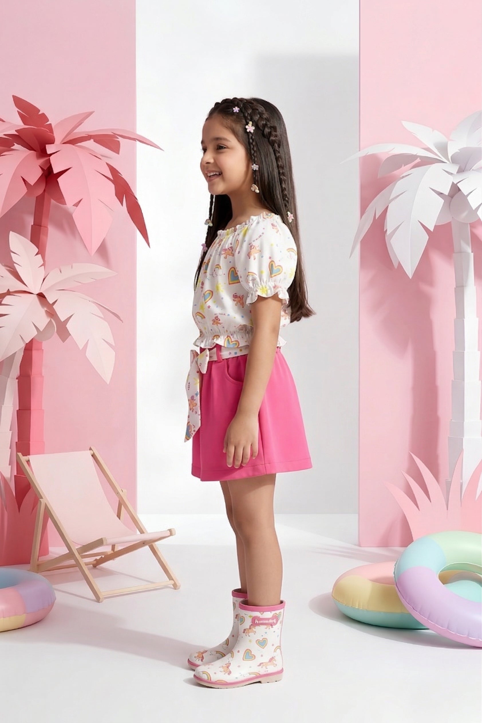 Barbie White Printed Tie-Up Top with Pink Skirt BASET320