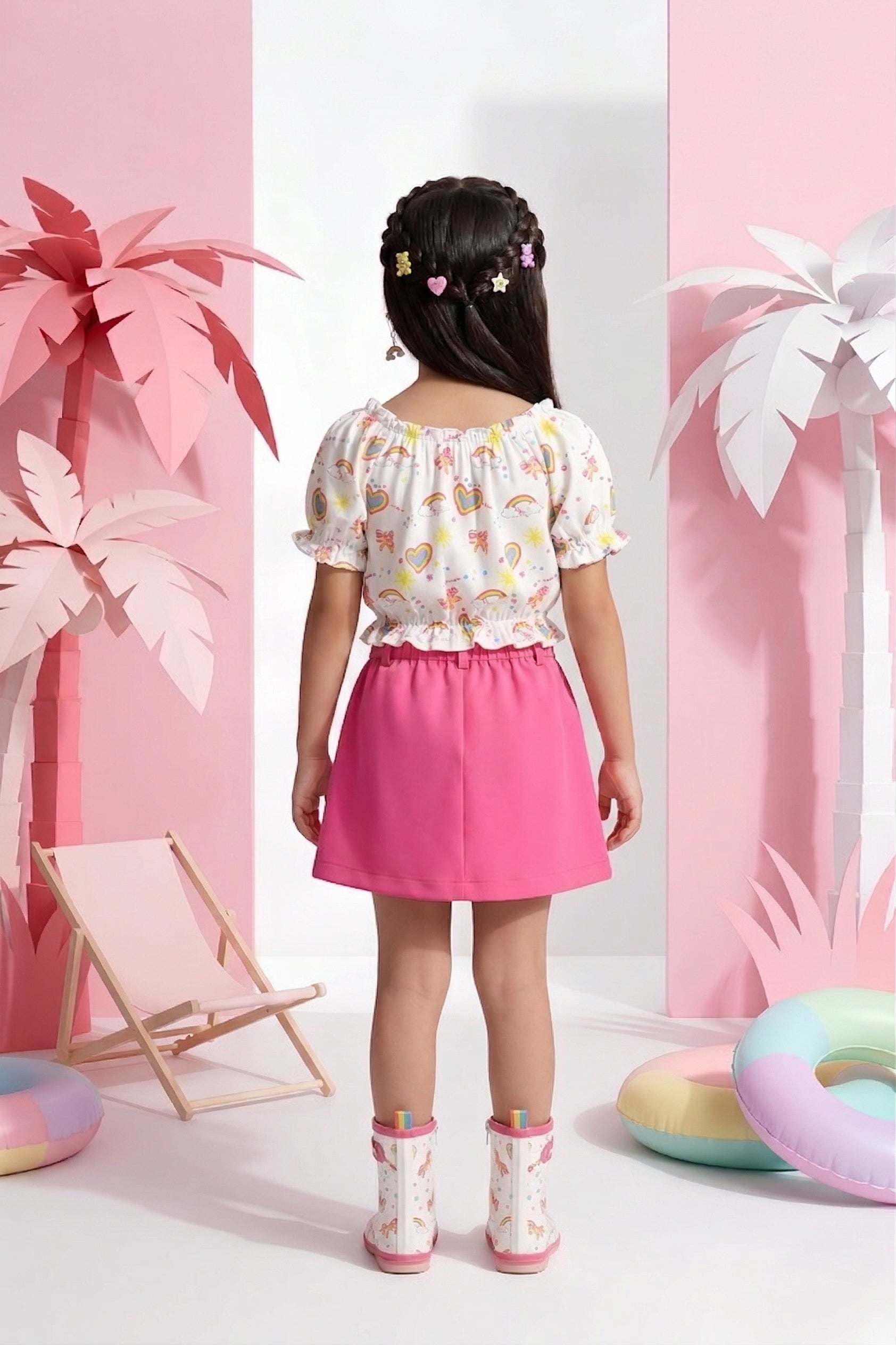 Barbie White Printed Tie-Up Top with Pink Skirt BASET320