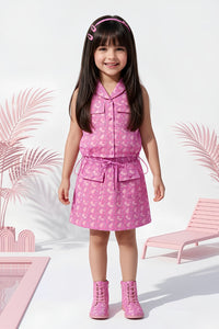 Barbie Pink Sleeveless Printed Top & Skirt Set BASET383