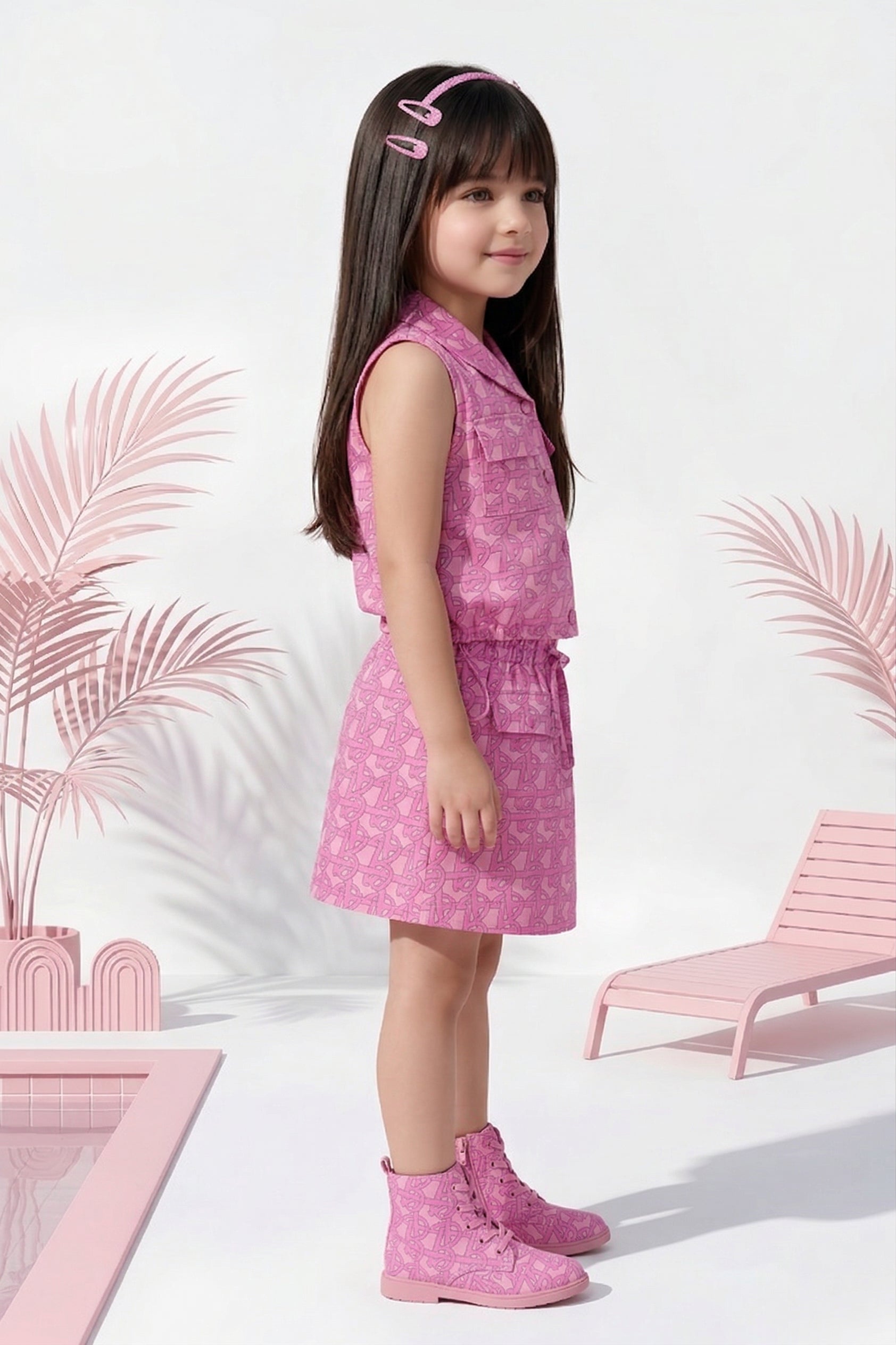 Barbie Pink Sleeveless Printed Top & Skirt Set BASET383