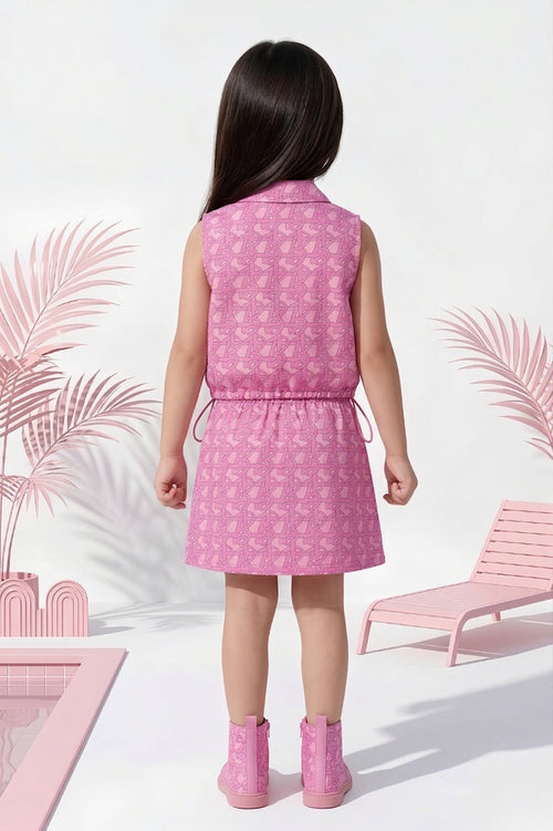 Barbie Pink Sleeveless Printed Top & Skirt Set BASET383