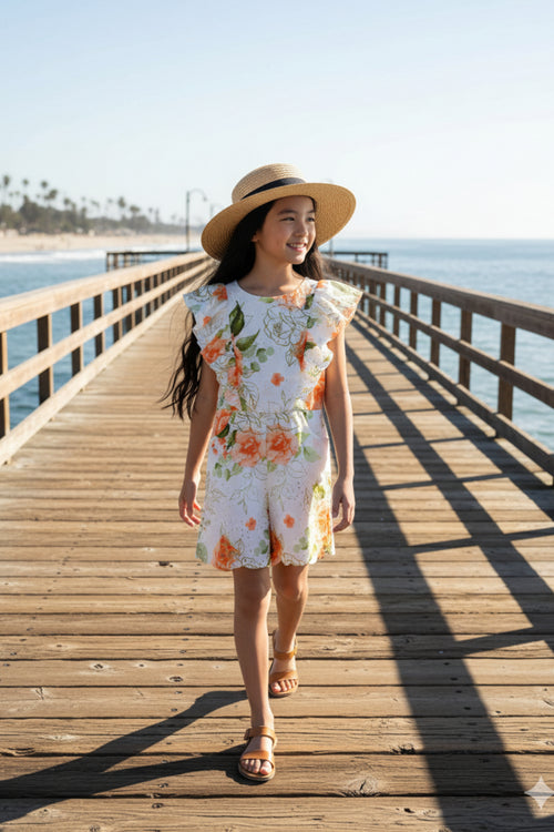 Girls Floral Ruffle Sleeve Eyelet Jumpsuit JP405