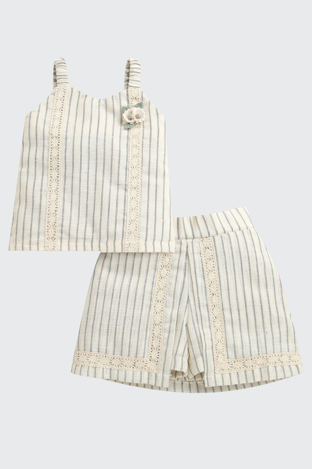 Girls Beige Stripe Top & Shorts Set 3119