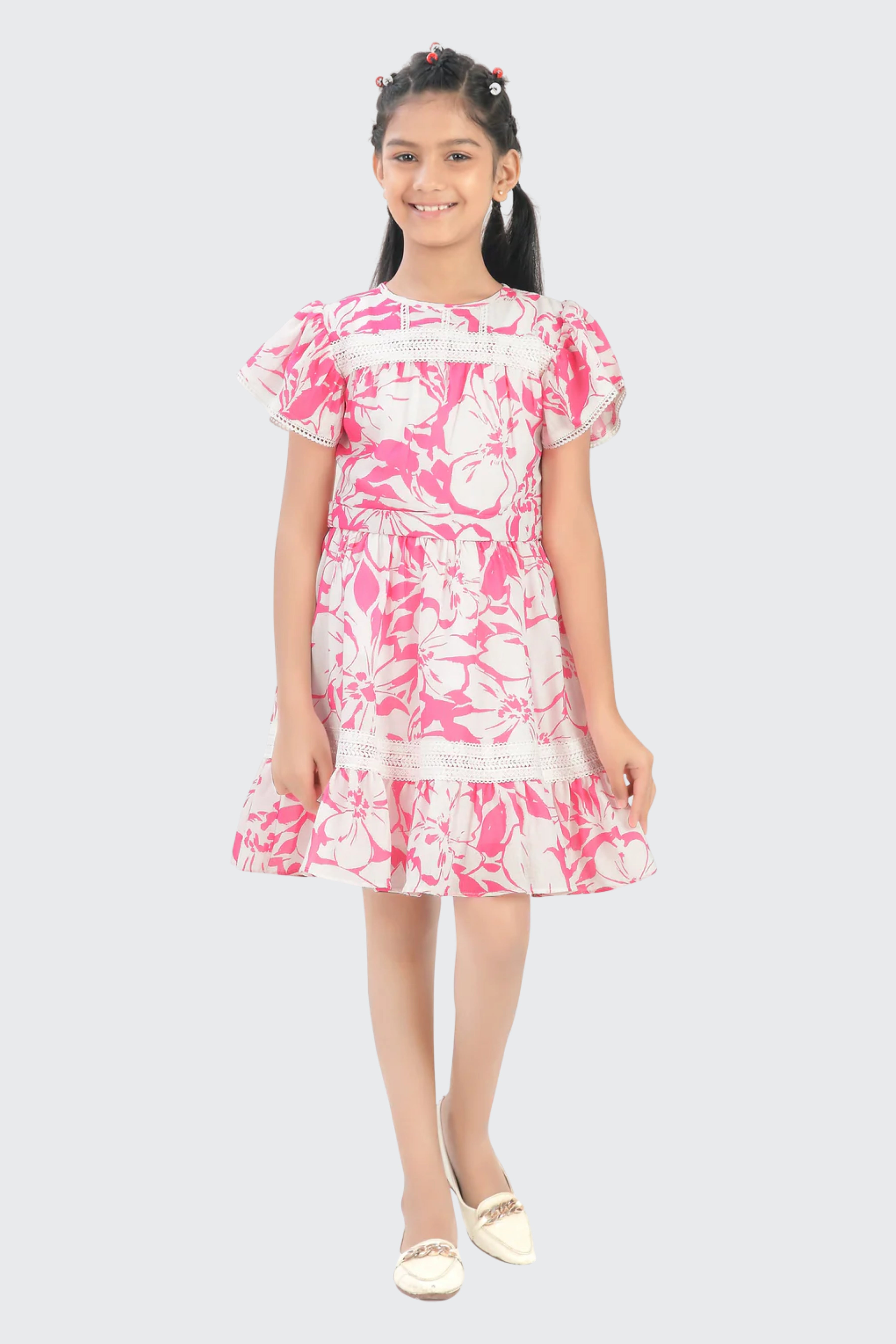Pink Floral Puff Sleeve Dress M2412