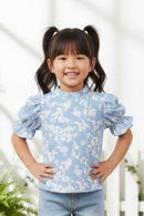 Powder Blue Puff Sleeve Floral Knit Top TG6350