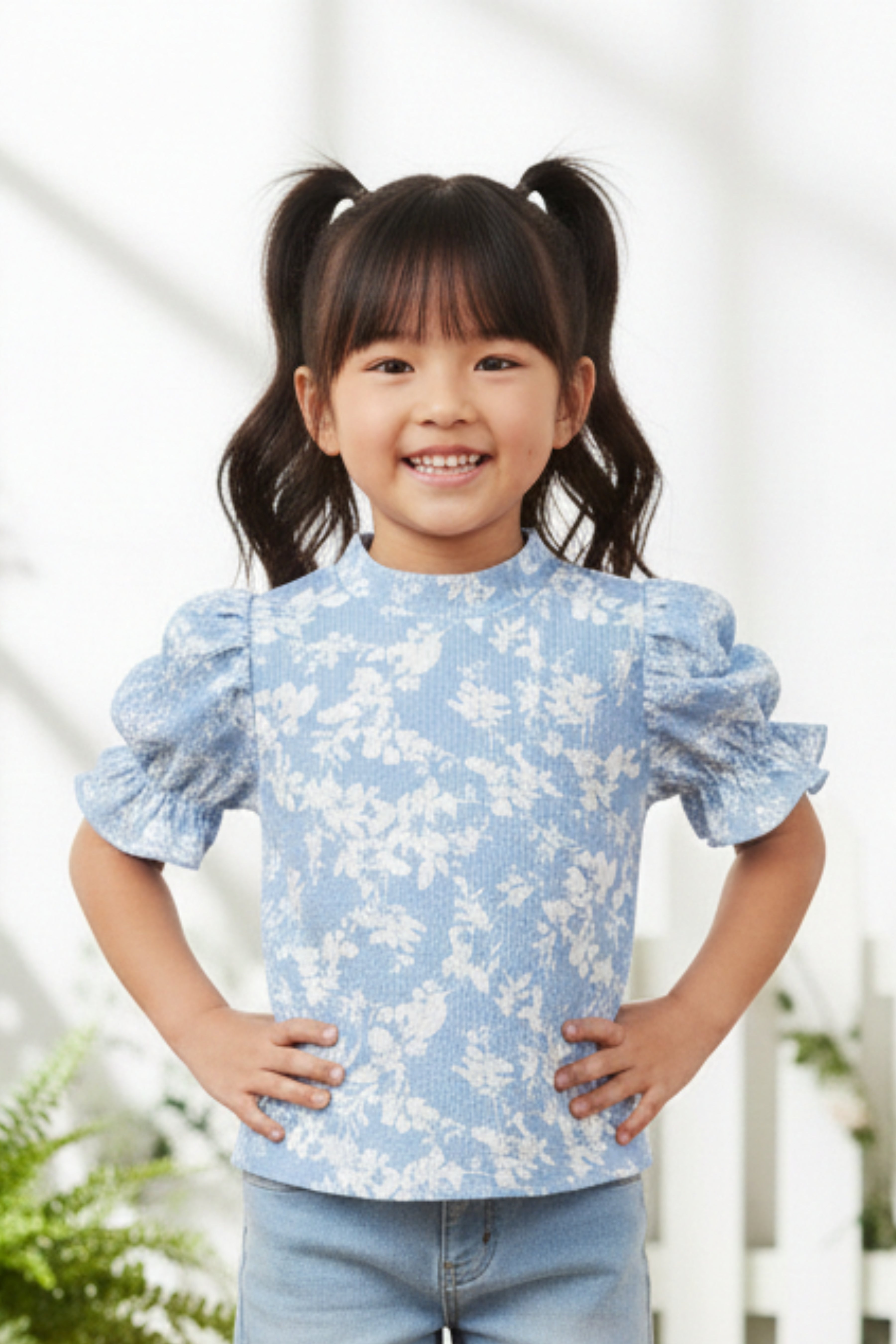 Powder Blue Puff Sleeve Floral Knit Top TG6350
