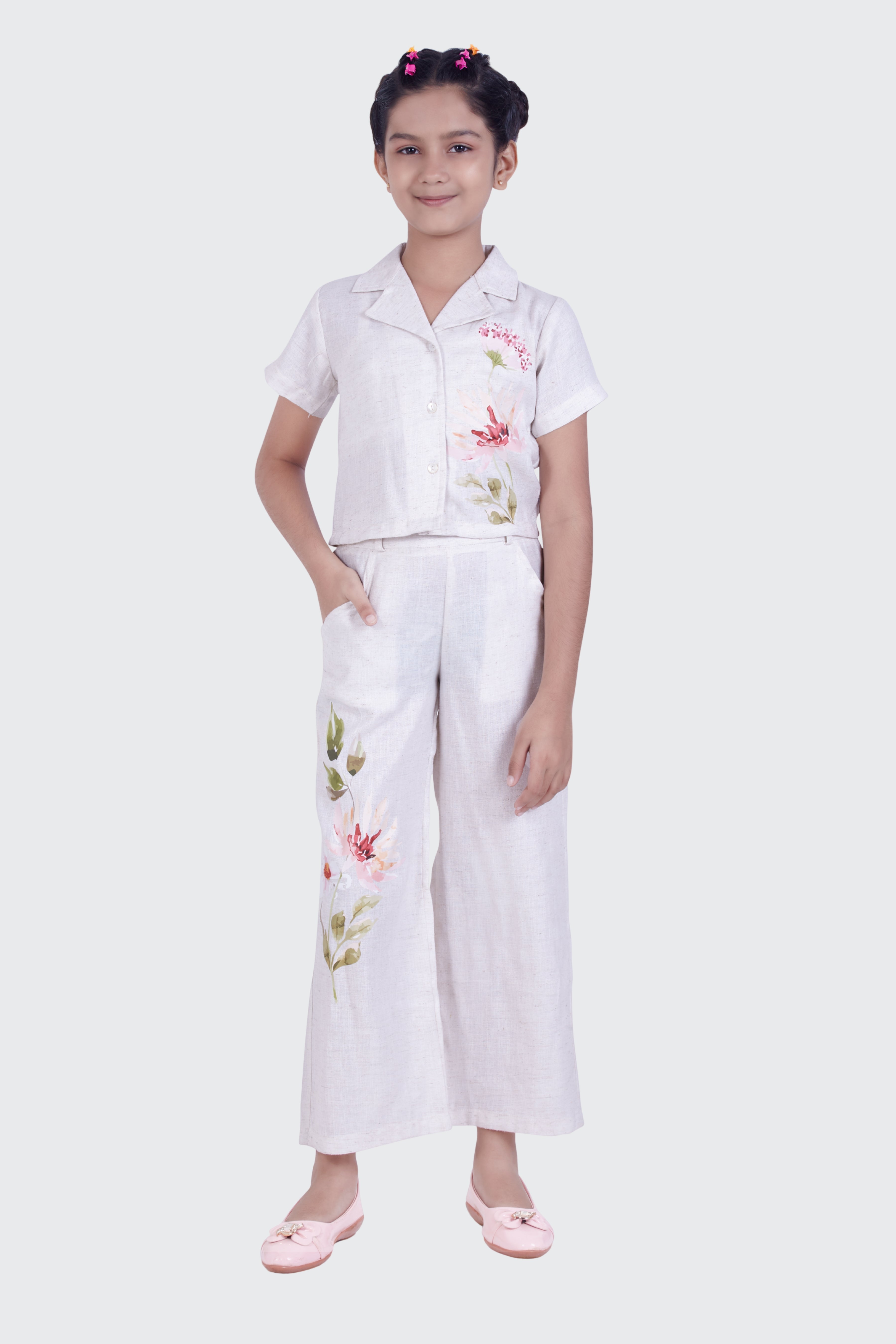 Girls Cream Floral Embroidered Co-ord Set 3139