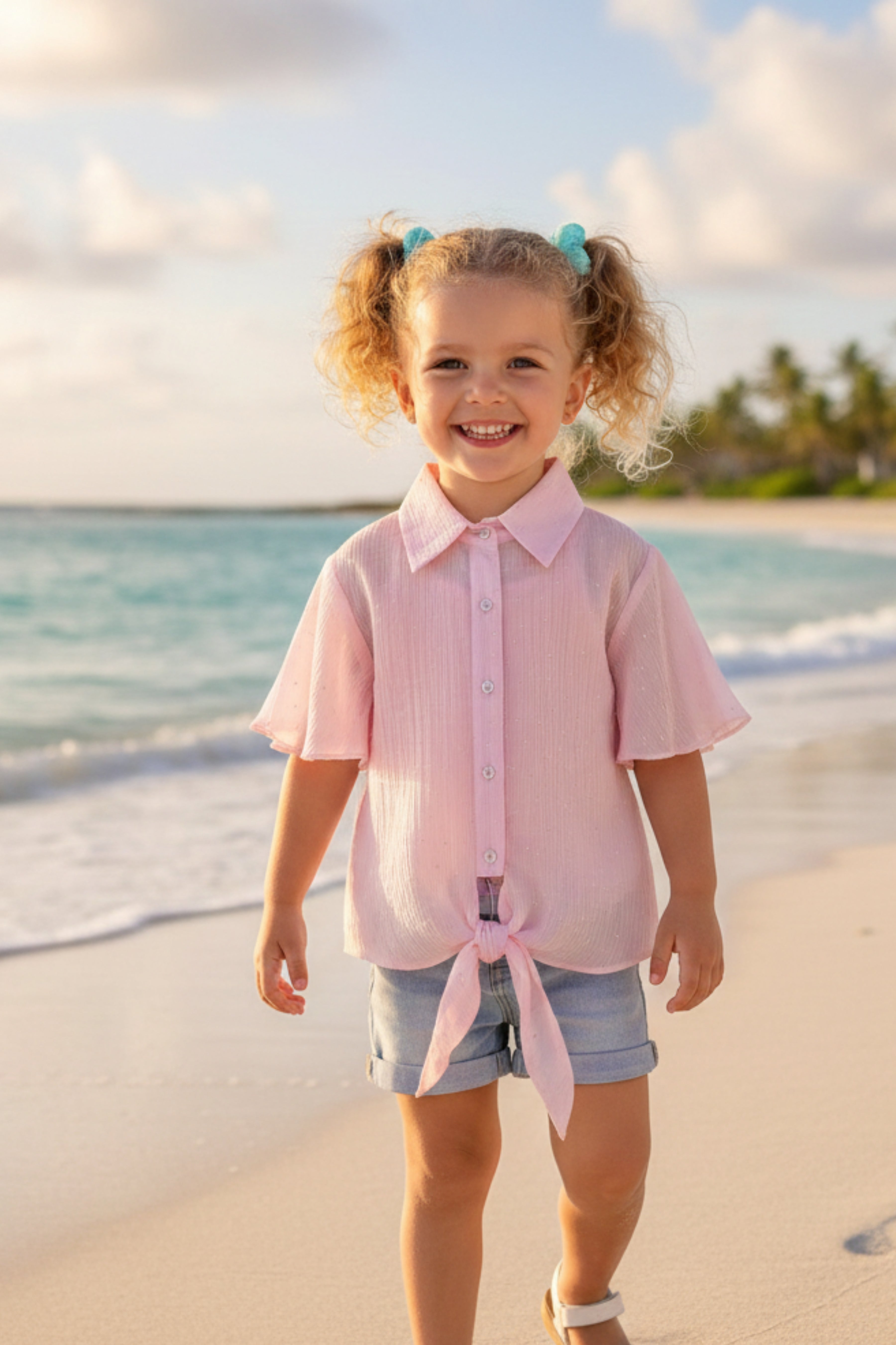Soft Pink Shimmer Tie Front Shirt TG6360