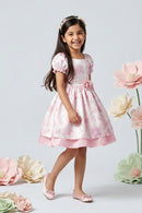 Light Pink Floral Party Dress with Puff Sleeves F595