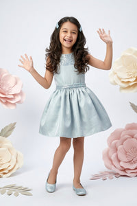 Opal Blue Party Dress with Sequin Bodice & Bow Back F577