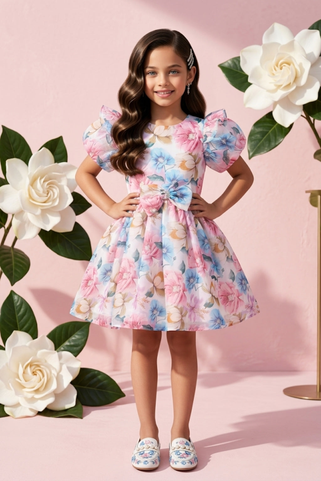 Charming Pastel Floral Puff Sleeve Dress F619