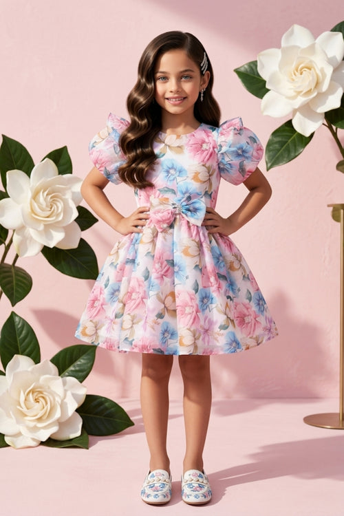 Charming Pastel Floral Puff Sleeve Dress F619